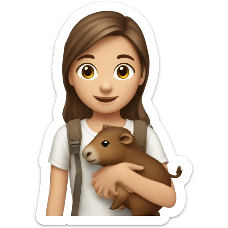 happy girl young girl with brown hair holding capybara  sticker