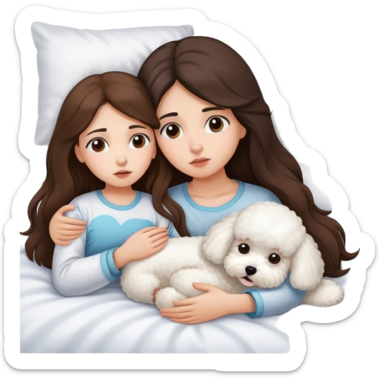 One Brunette Long hair girl sick in bed with bichon frise dog sticker