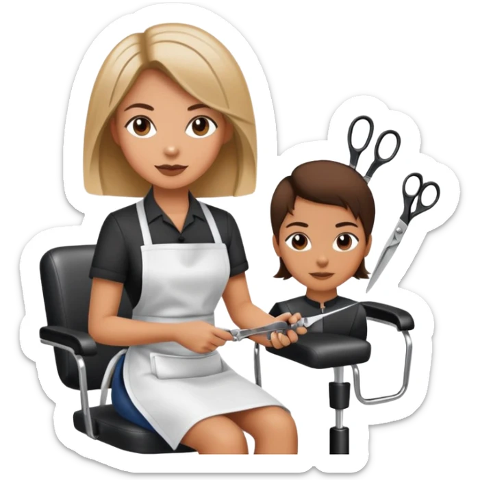 woman in apron sitting in salon chair, female hairstylist behind her with scissors sticker