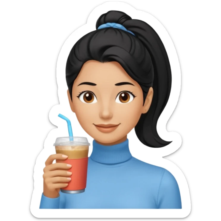  tan skin woman with long face, and very short black hair slicked back ponytail with forehead showing, wearing solid light blue turtleneck shirt, drinking iced coffee, smiling with middle parted hair sticker