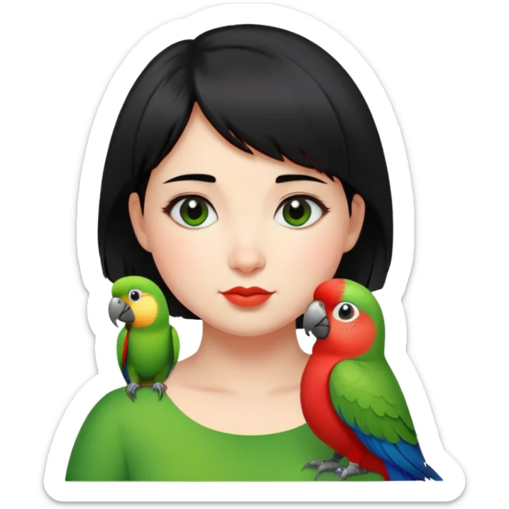 A chubby cheeks girl with short black hair with a green red lip parrot on her shoulder  sticker