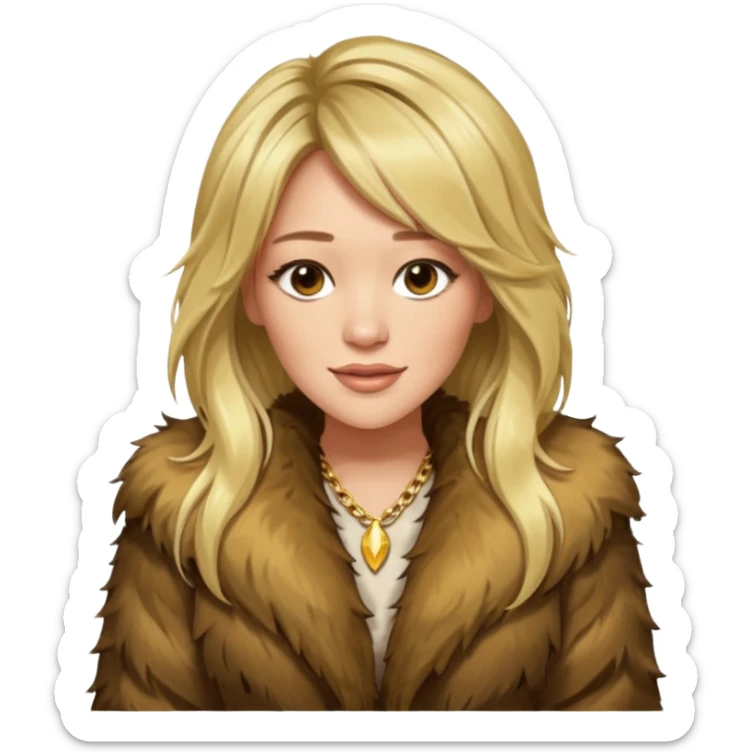 Cinematic rRealistic Ultra HD Angry Glamor Plunge Hilary Duff Extreme Long Long Hairstyle in Shaggy Fur Coat with Gold Flash sticker