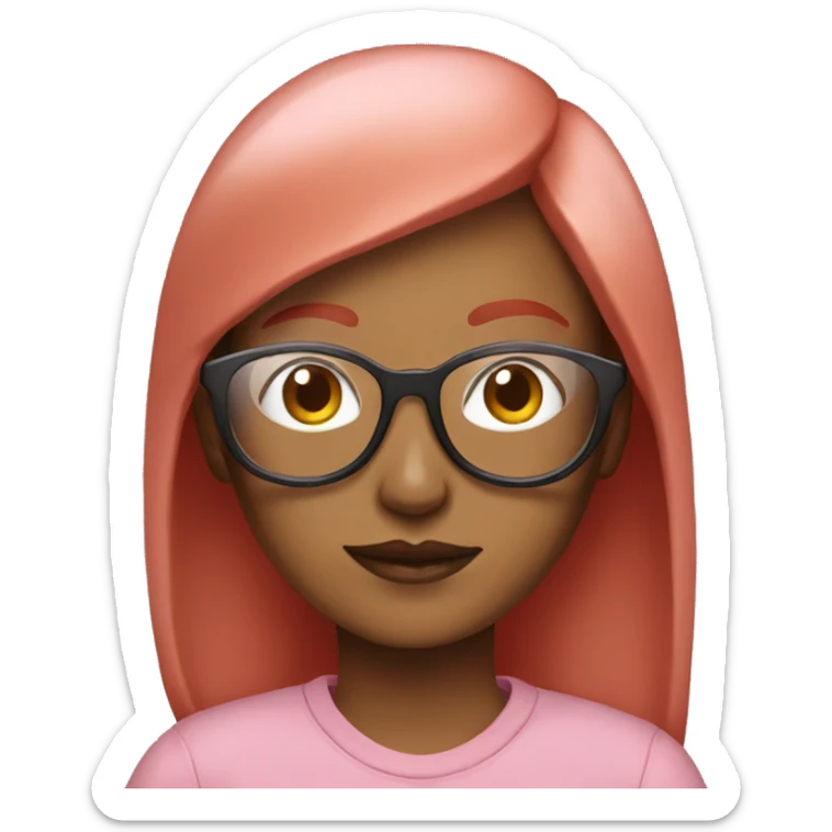 woman with red hair and bangs, with clear glasses and a pink sweatshirt sticker
