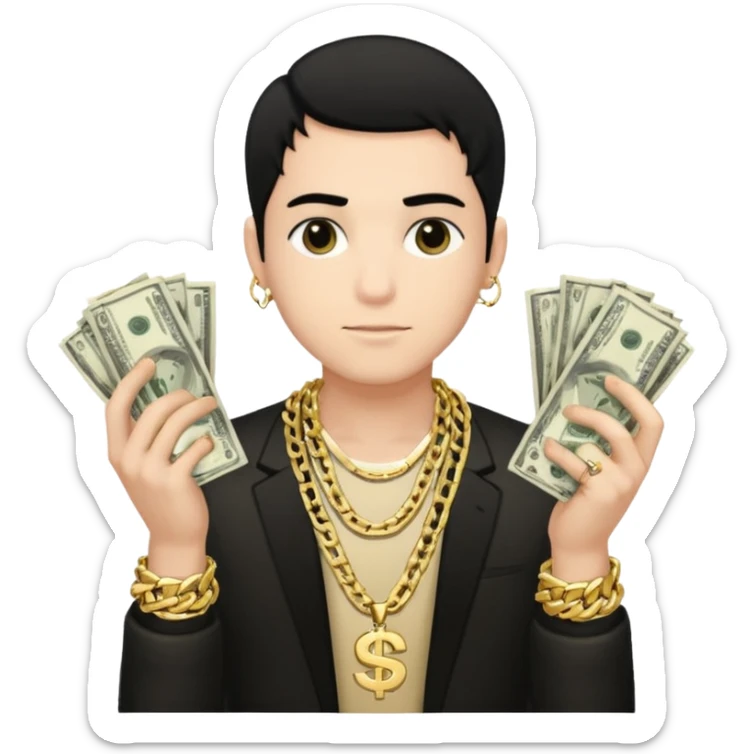 Has un chico con mucha plata en sus manos y en su alrededor, Con una chain que diga "JovenBallin" y que tenga pelo negro y sea piel blanca sticker