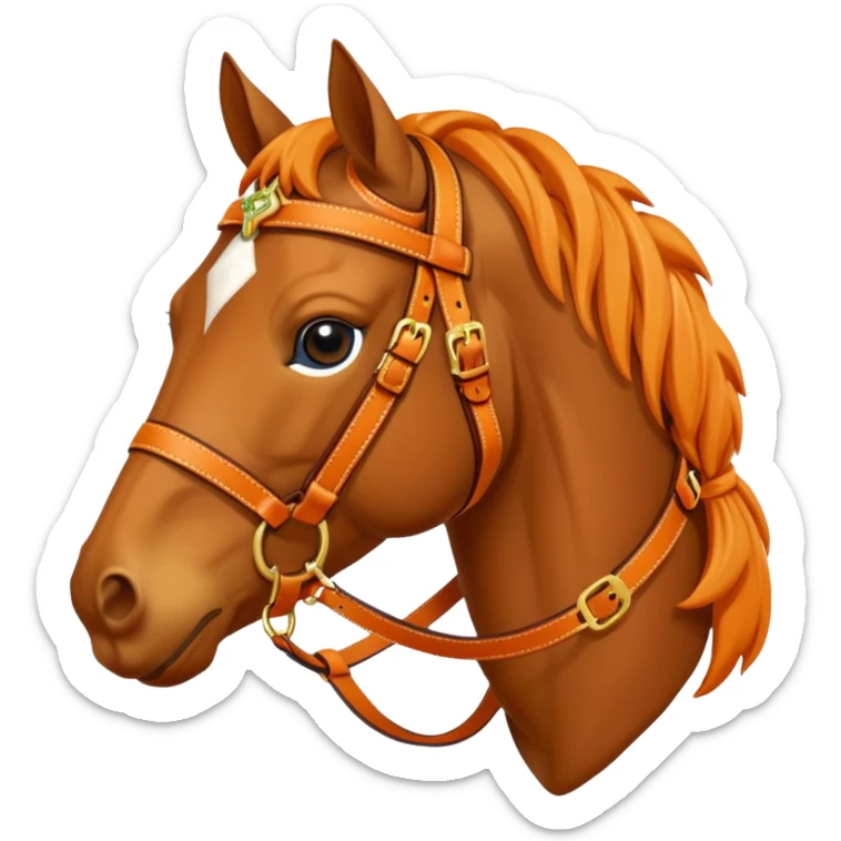 Hermès-style horse head emoji, detailed harness with Hermès orange, gold buckles, luxury feel, cute sticker