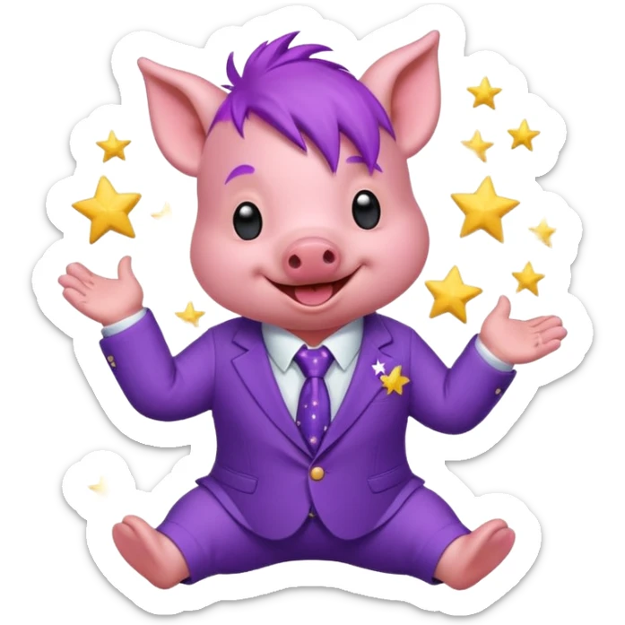 Sticker, a small cute funny purple piglet with purple hair, wearing a purple suit decorated with stars, ((cheerful, laugh)), surrounded by white outline, on transparent background sticker