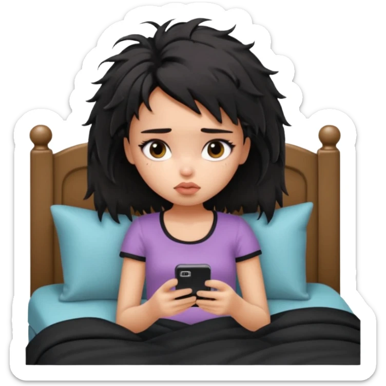 generate a pretty bratz girl with short black messy bed hair, looking tired and using her phone sticker