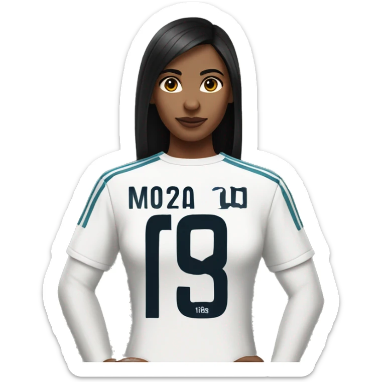 Femme fatale with long straight black hair middle part wearing a Real Madrid jersey sticker