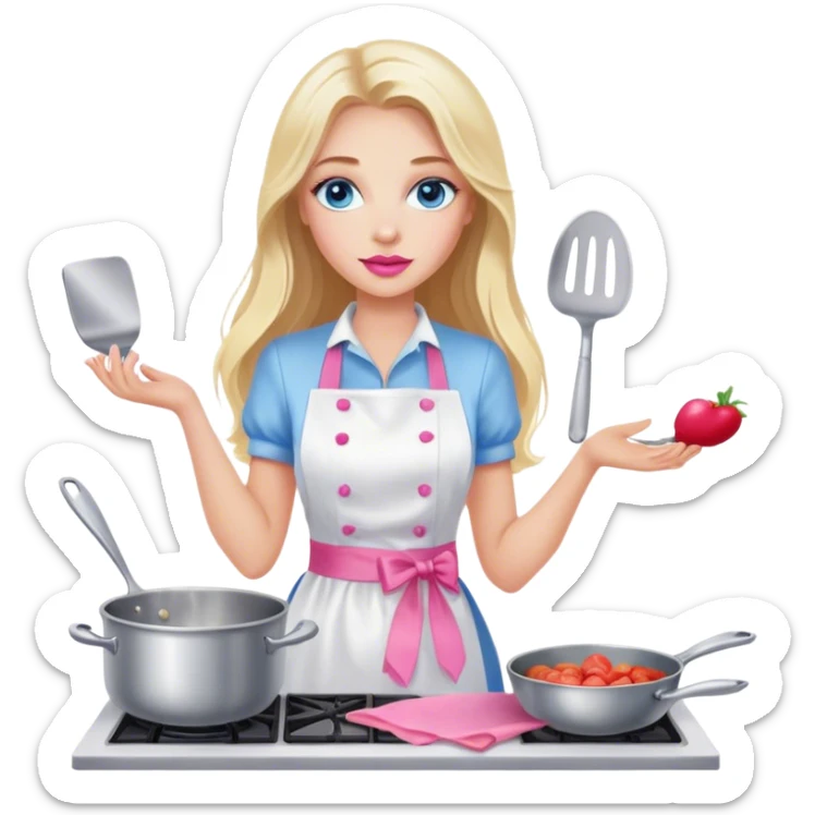 Cinematic realistic beautiful blonde with long hair, blue eyes and pink lips in a white dress cooks sticker