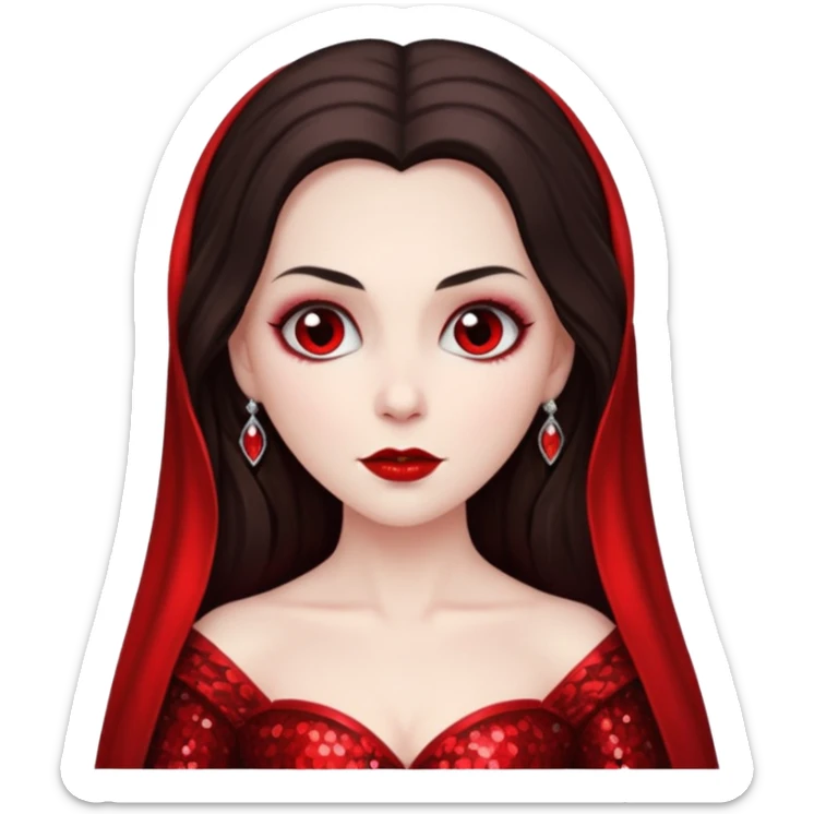 Bride of Dracula with long dark brown hair, red sequin outfit sticker