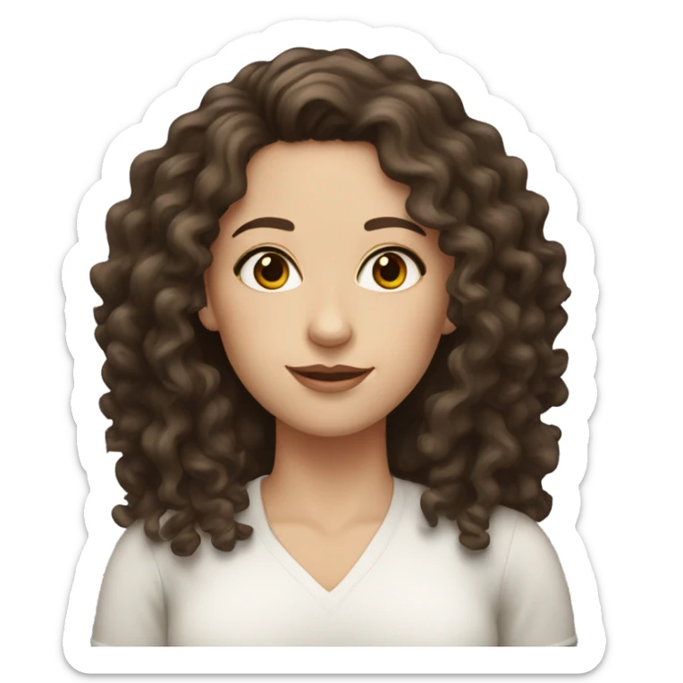 White woman with dark long brown curly hair and brown eyes and eye lashes sticker