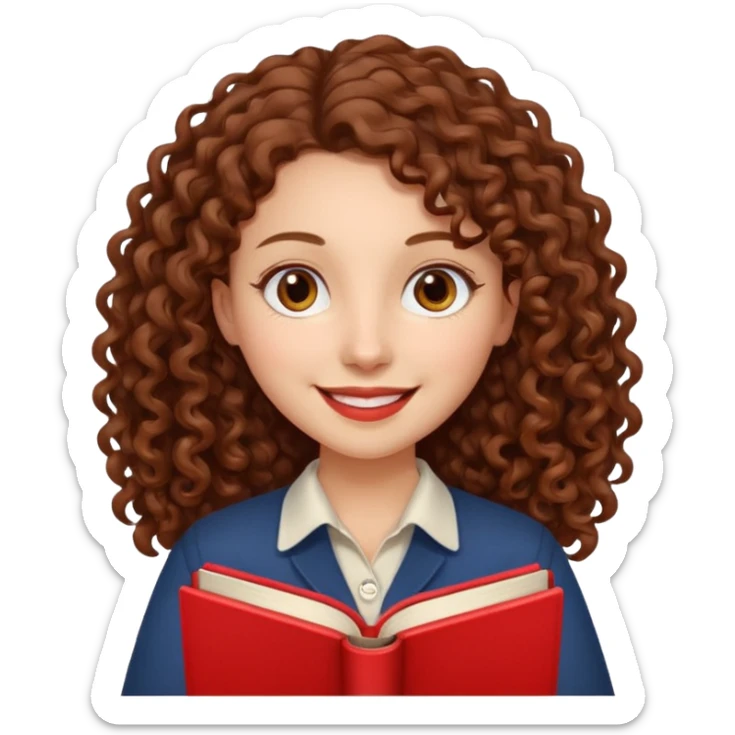 Long Hair Women with red Book, Brown curly hair, happy

 sticker