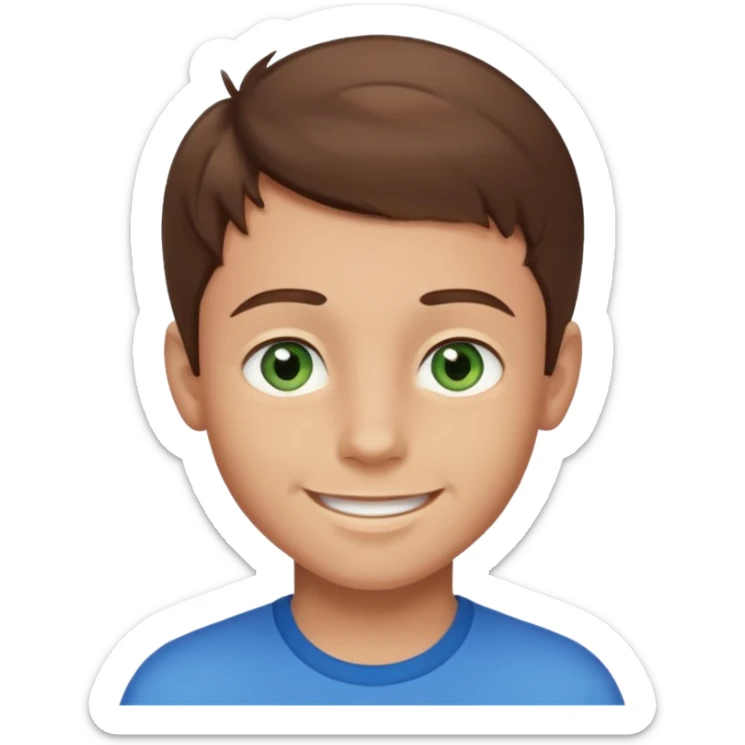a young boy with brown hair, with a mix of blue and green eyes, a little bit of beard. smiling and light skin colour sticker