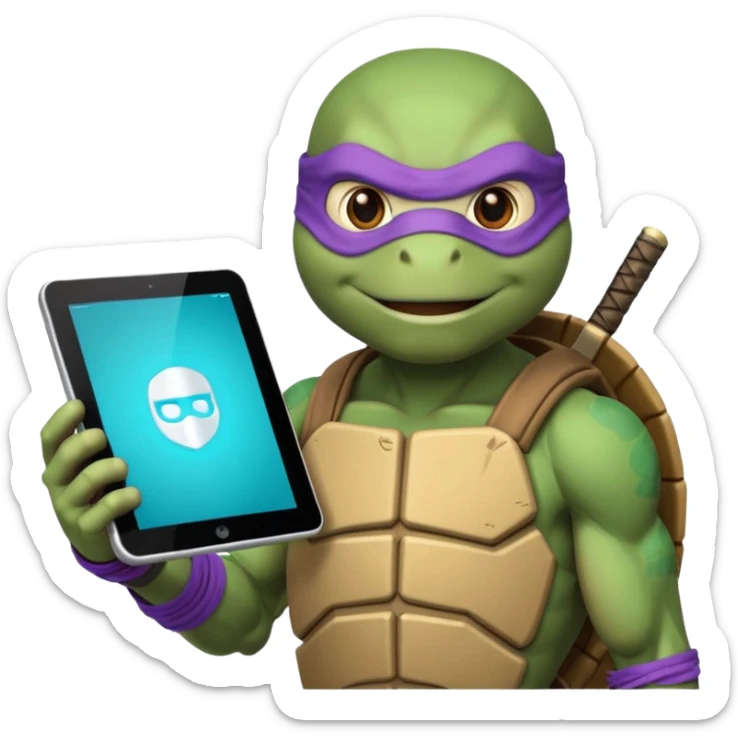 Donatello from Teenage Mutant Ninja Turtles, emoji style, holding a tablet with a hacking screen and a tech gadget, with a cyan hacking interface on the screen sticker