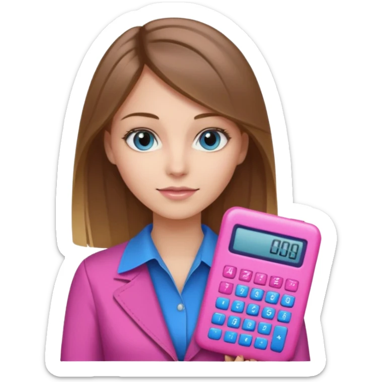 female with straight brown hair with blonde highlights and blue eyes holding a pink calculator sticker