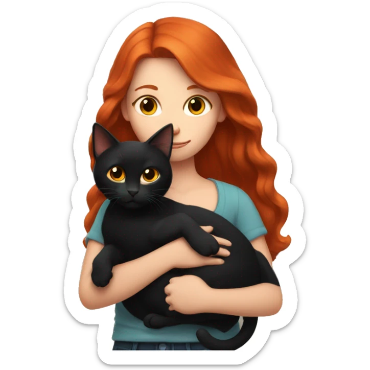 A girl with red hair holds a black cat in her arms sticker
