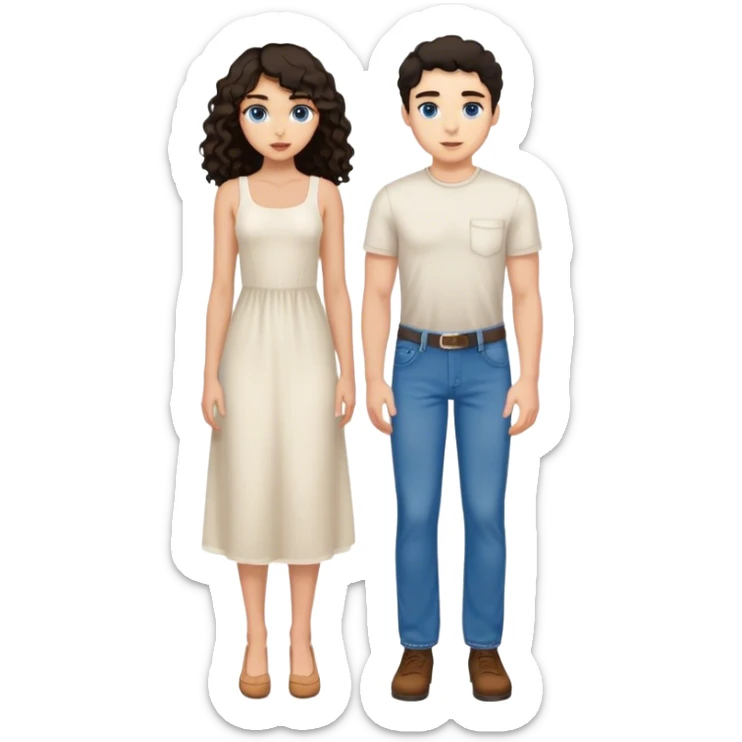 One tall man with light skin, blue eyes, short straight dark hair, wearing jeans. With one girl with tan skin and long curly dark hair, and brown eyes wearing a white midi dress.  sticker