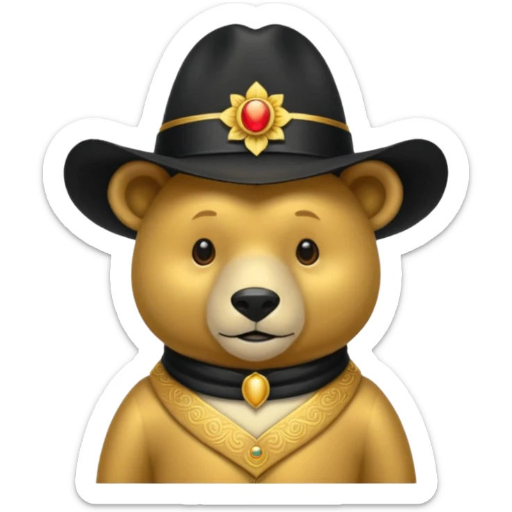Oso dorado con un sombrero elegante    negro y  en   su cuello un moño negro sticker