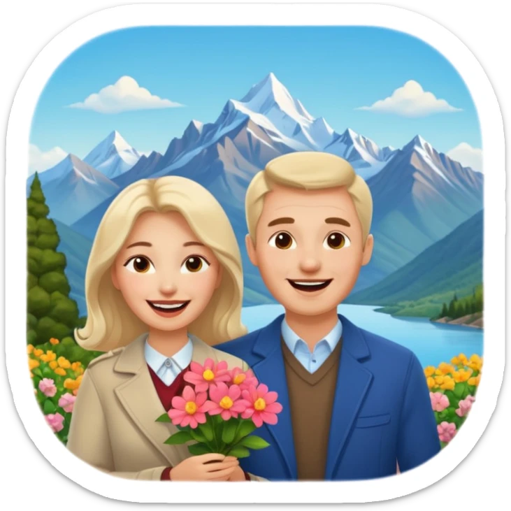 Couple  laughing traveling russian man and elegant  Latina girl delicate flowers and mountains in the background  sticker