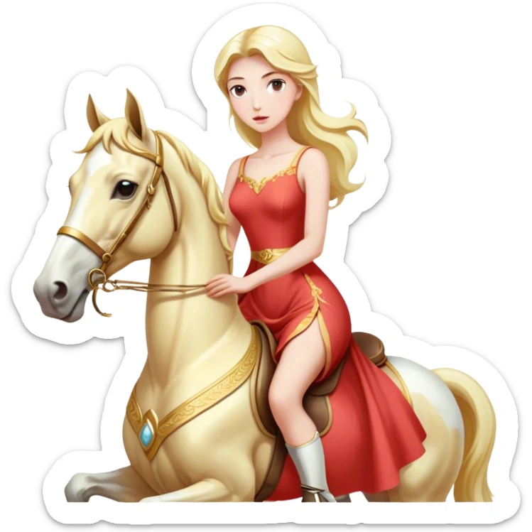 "woman, in long slim pastel red", rides "horse gold and white" front view sticker