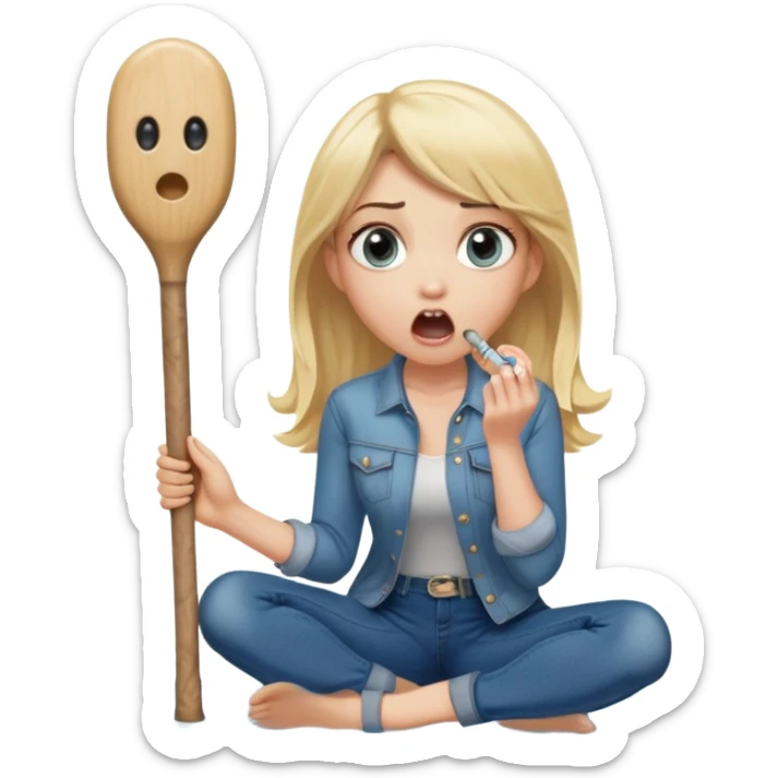 blond woman sitting on her knees with wide eyes, a human in jeans stands next to her, she's holding a wide skin-colored stick with a D-shaped knob, the stick and the nob have skin texture, water squirting from the knob into her mouth, shocked face sticker