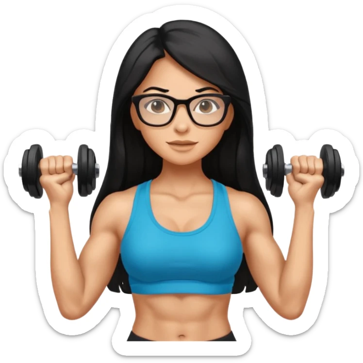 Mujer fitness usando mancuernas con lentes y cabello largo negro sticker