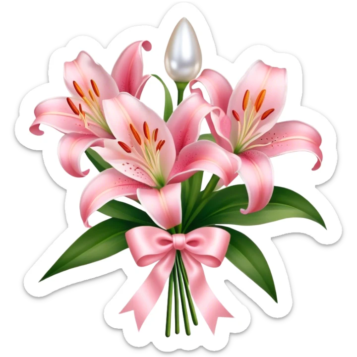 Shell Pink color lilies bouquet and silk ribbon of pearl pink color sticker