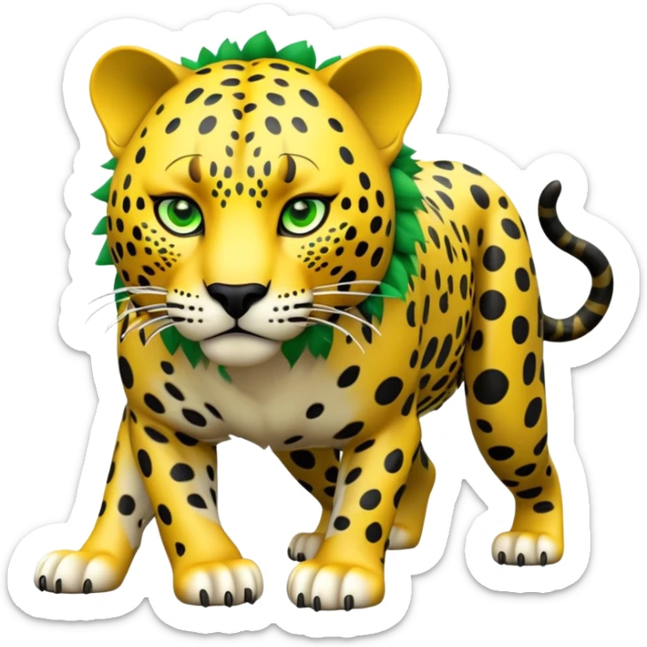 cinematic-jaguar-realistic-full-body-on all fours-emoji,-powerful-frame-poised-for-action,-yellow-fur-adorned-with-bold-black-rosettes,-head-tilted-dramatically,-piercing-green-eyes-locked-onto-its-prey,-simplified-yet-realistic-focused-features,-highly-detailed,-glowing-with-an-almost-sarcastic-glow sticker