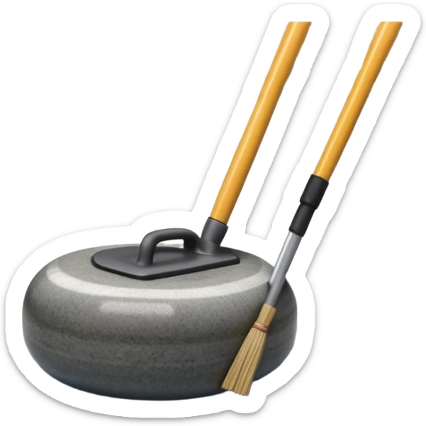 An icon showing a detailed close-up of a curling stone sliding across the ice, with a broom in motion beside it. The background features an indoor stadium with cheering spectators on the stands. Transparent background captures the strategy and focus of curling. sticker