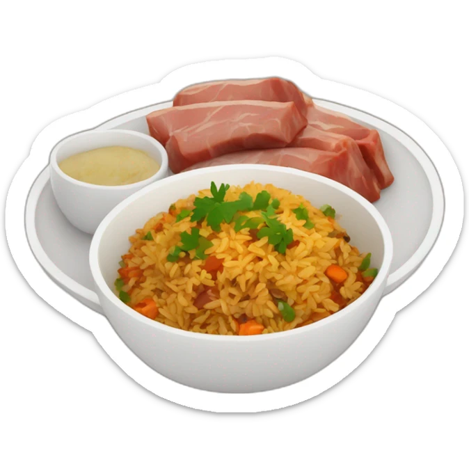 a bowl of Uzbek pilaf with brown pieces of meat on the plate sticker