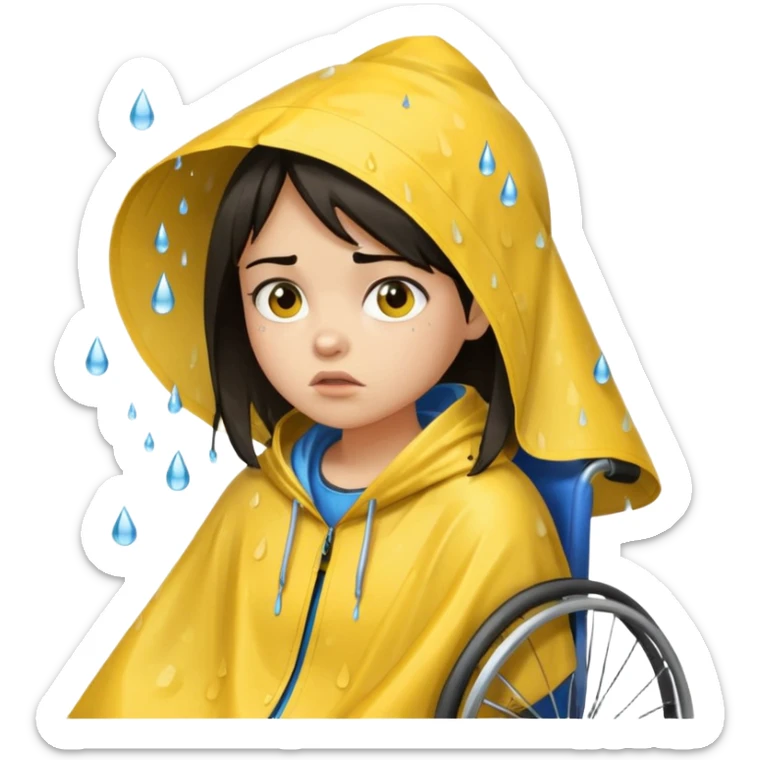 Girl with dark hair  in a wheelchair with rain poncho mad with raining  sticker