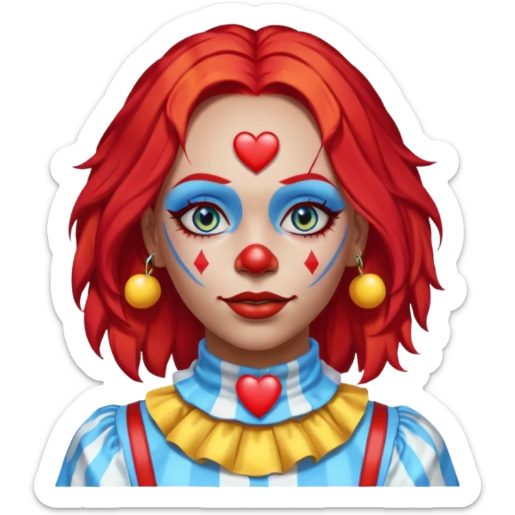 wendy thomas  the clown from gta rp nopixel she has a blue sun on covering right eye with three yellow lines below her right eye and above her left eye. she has long bright red hair and light blue eyes with a heart choker sticker