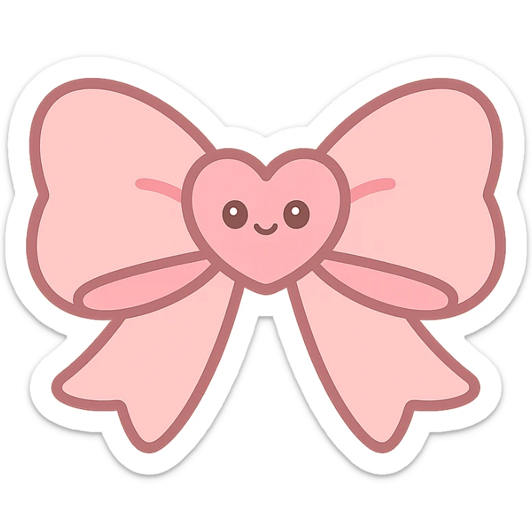 dainty pink bow in coquette style, heart in the middle, soft and whimsical, kawaii style sticker