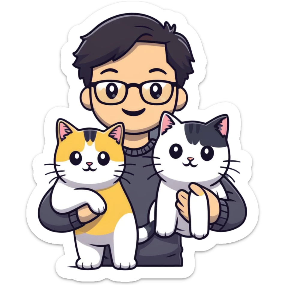Young man with warm yellow-toned skin, long face, black back-length hair, large eyes, thin-rimmed square glasses, smiling gently while holding a grayish-white Munchkin cat with short legs and a gray patch under its mouth sticker