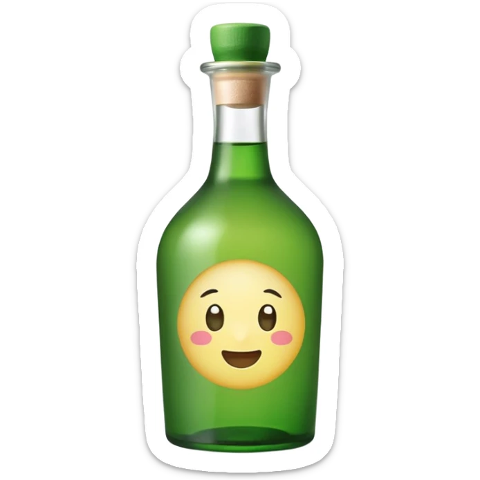 A clean, cute emoji-style green soju bottle, small Korean soju bottle with green glass, simple label in Korean style, minimal flat design, soft shading, centered, white or transparent background, high contrast, rounded friendly emoji look, 1:1 aspect ratio, app icon style sticker