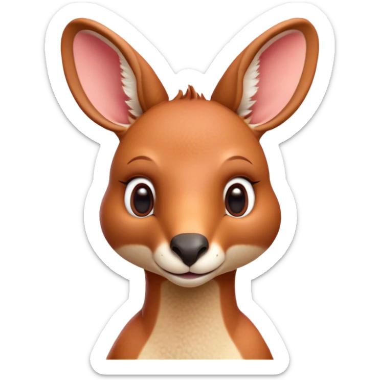 Cinematic Cute Adult Red Kangaroo Portrait Emoji, Head tilted playfully and inquisitively, showcasing a charming, robust build with soft reddish fur and a uniquely red kangaroo-like head featuring a gentle, elongated snout and rounded ears, with large, sparkling eyes full of wonder, Simplified yet irresistibly adorable features, highly detailed, glowing with a warm, friendly glow, high shine, affectionate and lively, stylized with a touch of outback whimsy, soft glowing outline, capturing the essence of a mischievous yet loving kangaroo that seems as if it could hop out of the screen into your arms! sticker