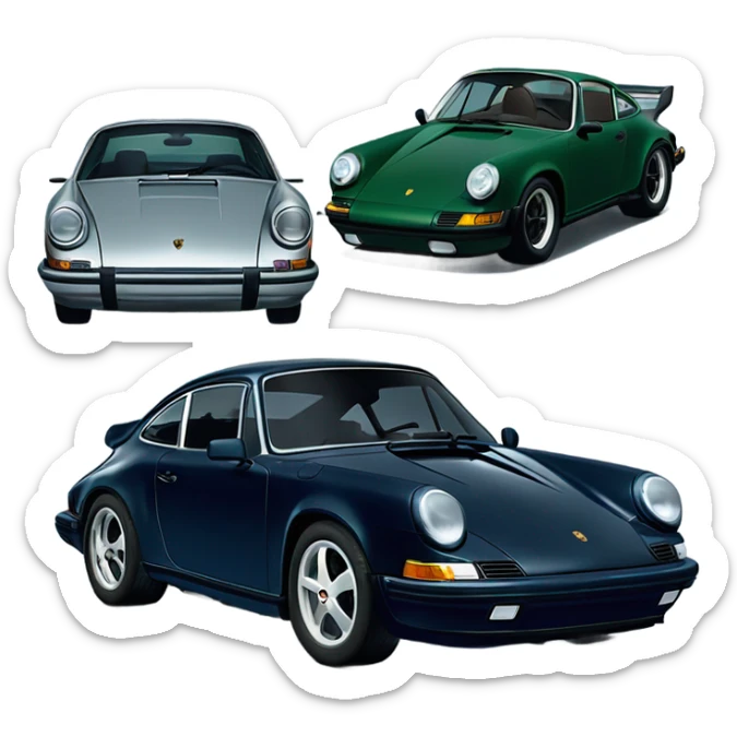 Three CARS porsche 911 cars lined up next to each other all one navy blue one black and one dark green SHOULD ONLY BE THREE CARS AND SHOULD BE LINED UP NEXT TO EACH OTHER sticker