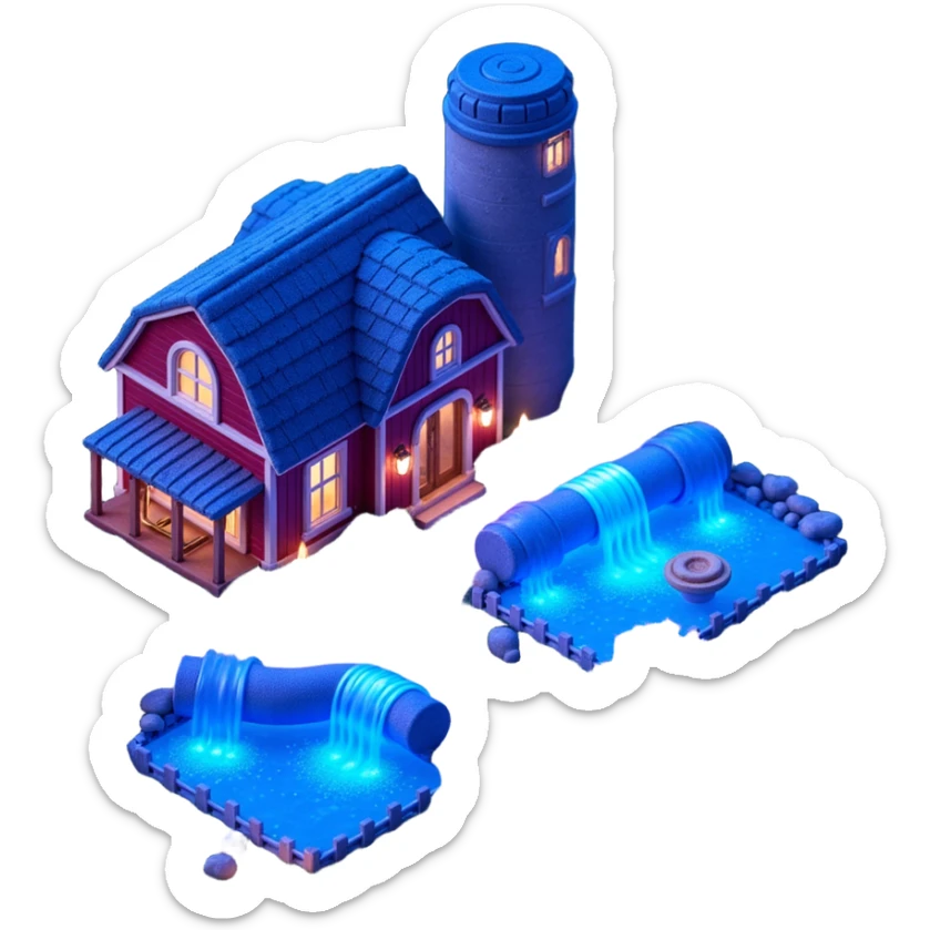 Exterior of a magical farm with glowing blue and purple plants, enchanted pipes pulsing with light, mystical aura around the fields sticker