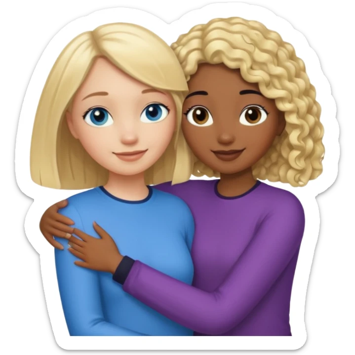 Girl best friends: one taller white girl with straight blond bob and blue eyes, one shorter black girl with long black curly hair, hugging sticker