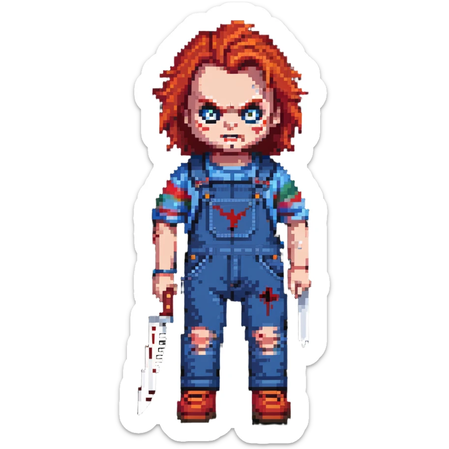 Chucky doll from Child's Play horror movie with red hair, scarred face, blue overalls and a knife sticker