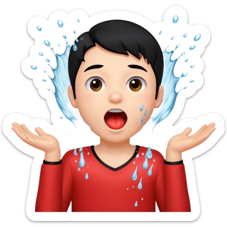 a peach splashing water in boy's mouth above his head with black hair and red dress sticker