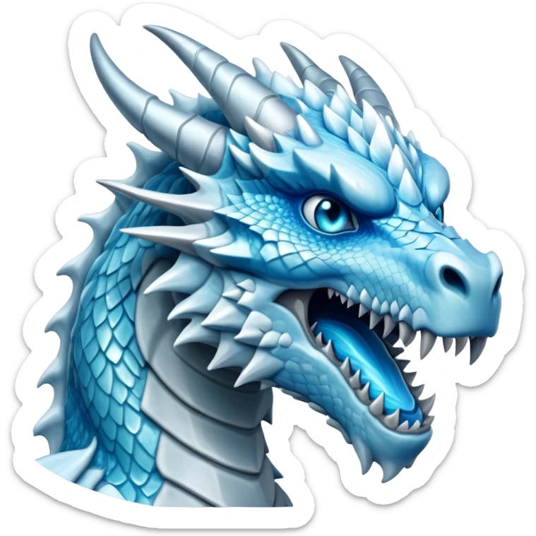 Cinematic Noble Fierce Ice Dragon Portrait Emoji, Poised and imposing, with a muscular, scaled body shimmering in glacial hues of icy blue, frostbitten silver, and crystalline white, breathing out frost, with piercing, glowing eyes that radiate the chilling depths of an arctic storm; rendered in detail. sticker