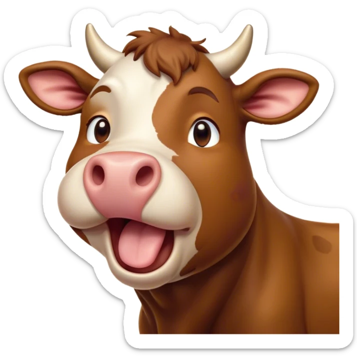 Cinematic Cute Yawning Brown Cow Portrait Emoji, Head tilted slightly with a dramatic, wide-open yawn, showcasing a smooth, rich brown hide with a subtle shine, floppy ears slightly drooping, round brown eyes barely open in drowsy contentment, Simplified yet irresistibly adorable features, highly detailed, glowing with a soft, cozy glow, high shine, relaxed yet expressive, stylized with a touch of pastoral whimsy, bright and endearing, soft glowing outline, capturing the essence of a sleepy yet affectionate cow, so drowsy it feels like it could amble right out of the screen and curl up for a nap! sticker