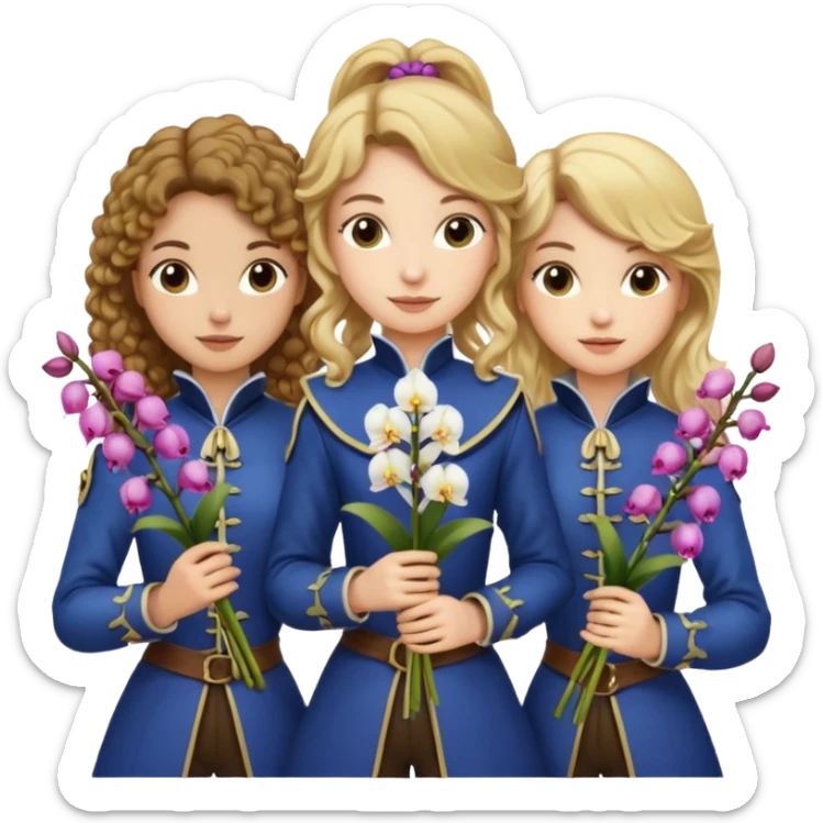 3 female musketeers, oneceith brown curly hair, one with straight blond hair, one eith blond hair on pony tail, all holding orchids sticker