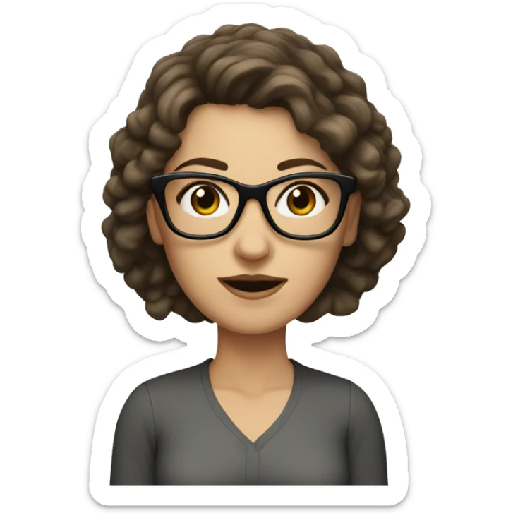 white woman with short, dark, poofy brown hair and black glasses sticker