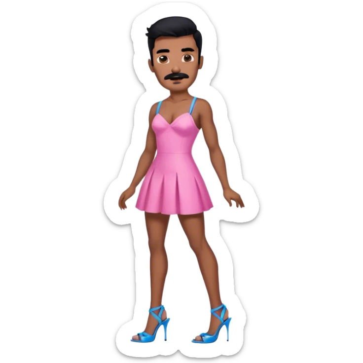 Man in a pink mini dress and blue strappy high heels with black hair and black mustache and brown skin sticker
