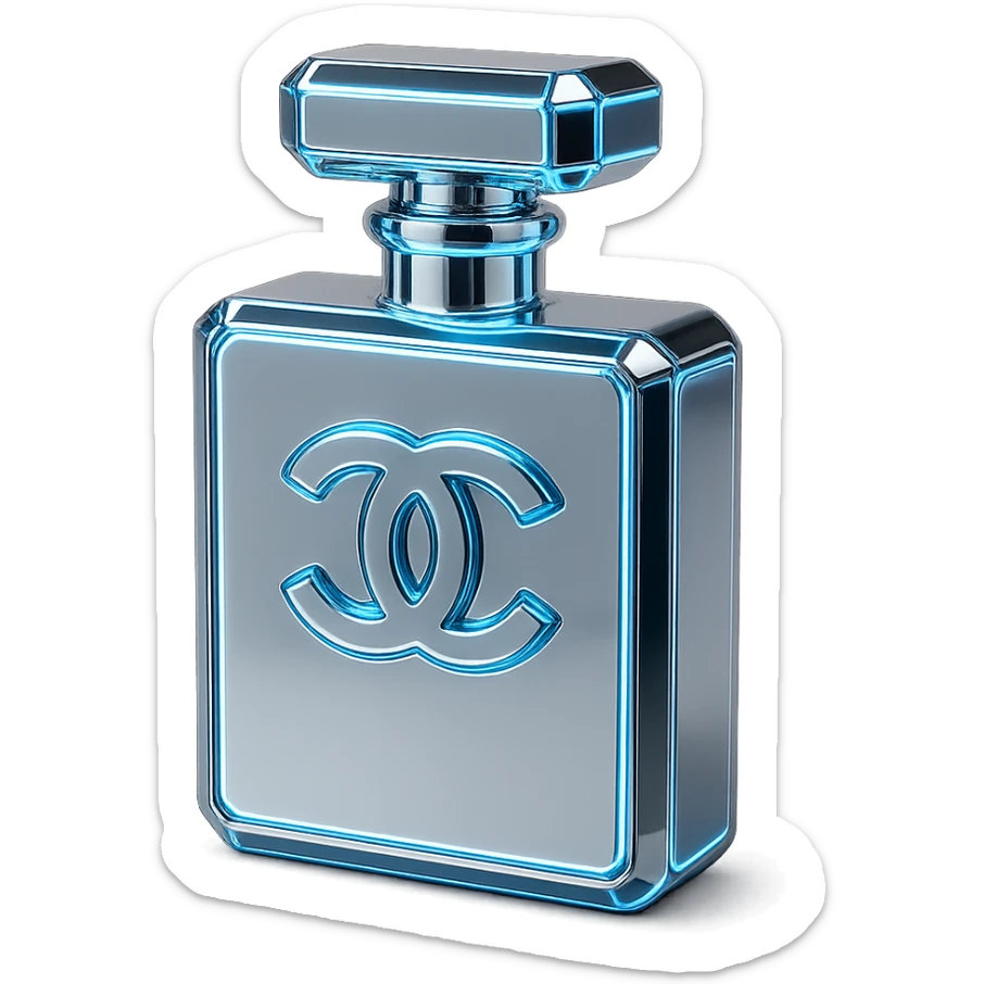 Chanel perfume bottle in a futuristic style, chrome and neon accents, glowing details sticker