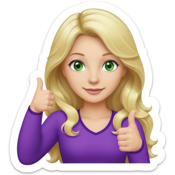 lady with long wavy blonde hair, purple top, green eyes, one thumb up sticker