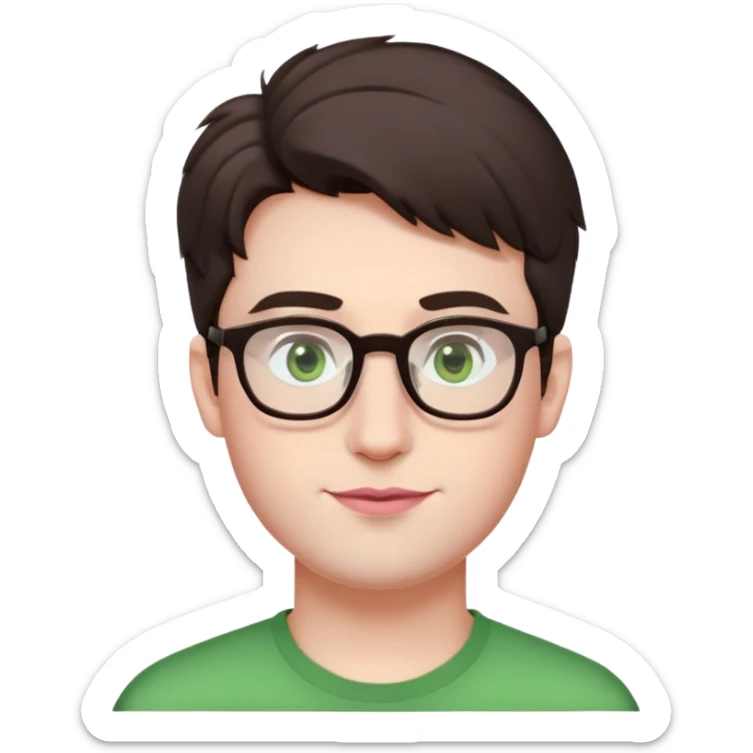 Young man with short but voluminous poofy dark brown hair, green eyes wearing glasses, wide face with eyes set apart, bigger ears, very pale skin, slightly bigger nose, fuller darker pink lips with a smile, and very light stubble sticker