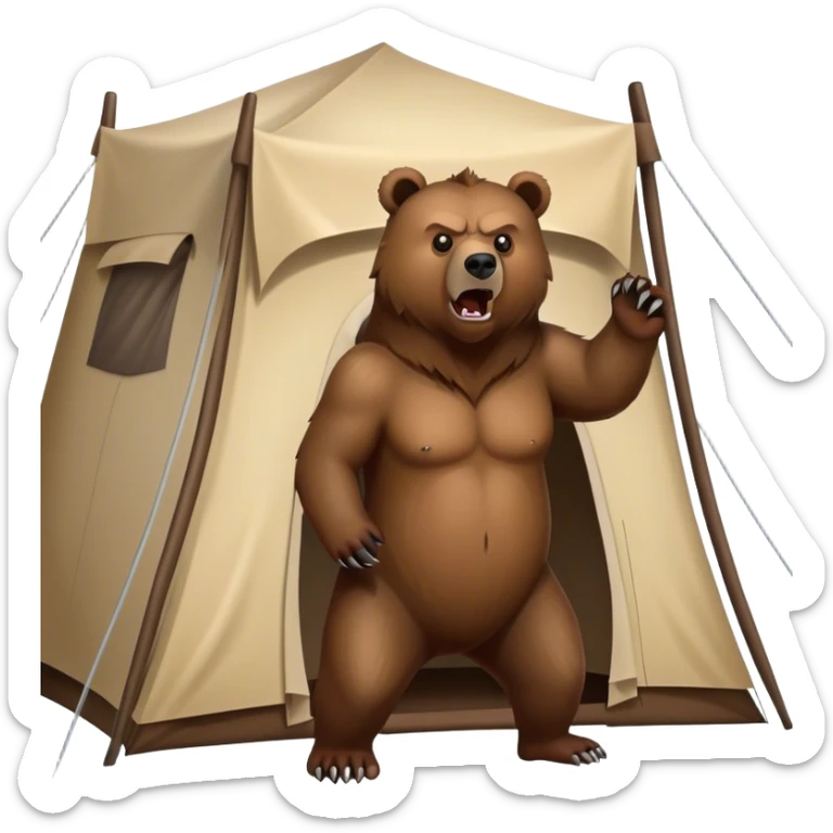 an angry grizzly bear outside of a tent looking at the tent sticker